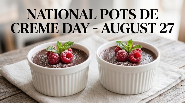 Pots de Creme desserts with raspberries and sugar on a table