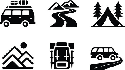 Collection of minimalist vector icons representing travel and outdoor adventure themes © graphicssajib