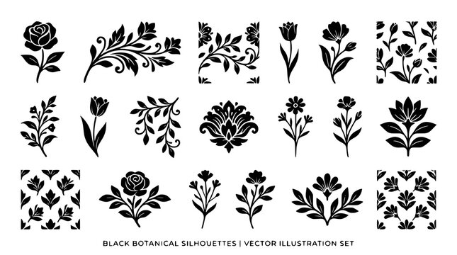 Black flower vector bundle with floral silhouettes decorative botanical patterns