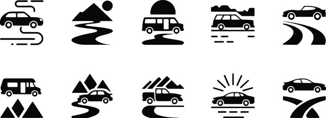 Collection of stylized black silhouette vehicle travel and adventure icons depicting cars and vans on scenic routes © graphicssajib