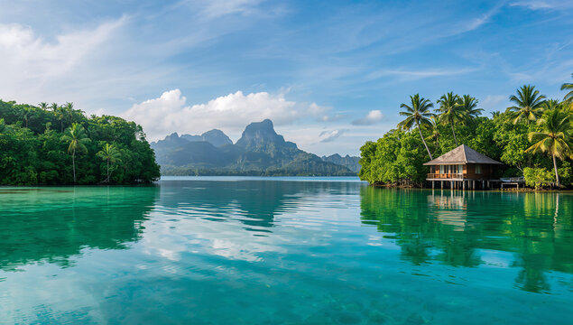 Overwater bungalow in a tropical lagoon with lush green jungle and majestic mountains blue water palm trees south pacific tropical paradise vacation landscape seascape turquoise mountains