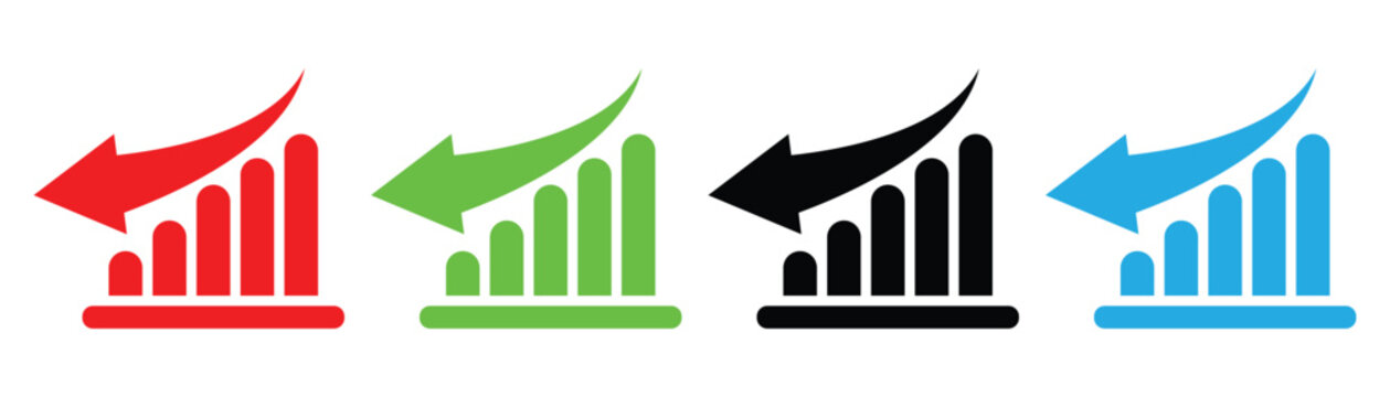 Financial growth arrow icons. Business growth icons featuring decreasing graphs and arrows. Vector illustration.