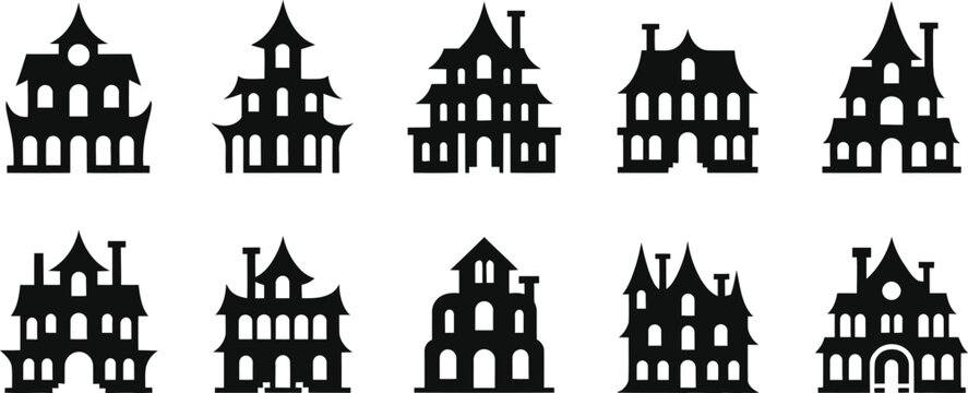Collection of stylized silhouette haunted houses and spooky gothic buildings isolated on a white background