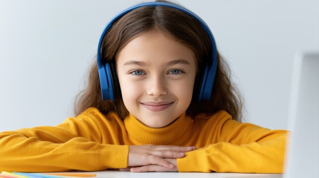 Girl wearing headphones and smiling during online learning session, colorful stationery on table, home study concept