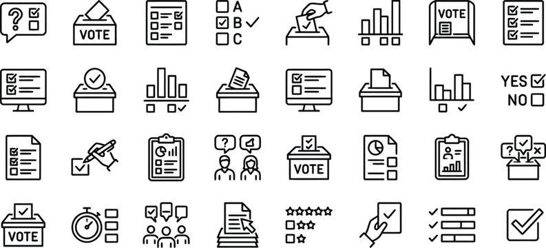 Black line vector icon mega set of election polling featuring democratic public voting ballot boxes online surveys and opinion statistics symbols