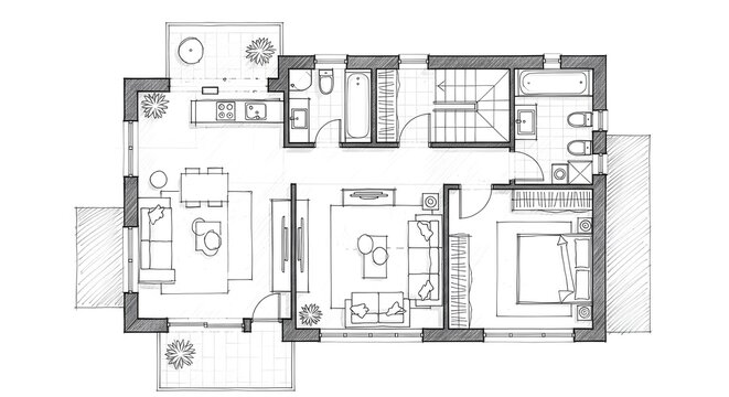 Hand drawn sketch of a floor plan for a modern apartment.