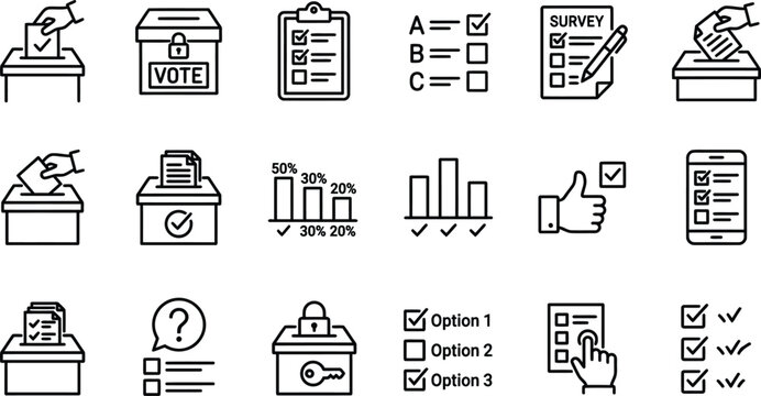 Black line vector icon set of election polling featuring ballot box casting hand online public survey statistics and democratic voting symbols