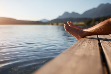 Naklejka premium Bare feet of a man relaxing on a wooden dock by a lake at sunset. Summer vacation and travel concept with mountain view