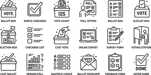 Naklejka premium Black line vector icon set of voting and elections featuring ballot boxes online survey forms opinion polls and democratic choice symbols