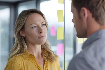 Obraz premium Serious businesswoman listening to male colleague behind glass wall. Corporate employees having tense discussion