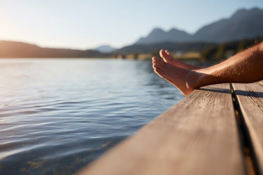 Bare feet of a man relaxing on a wooden dock by a lake at sunset. Summer vacation and travel concept with mountain view