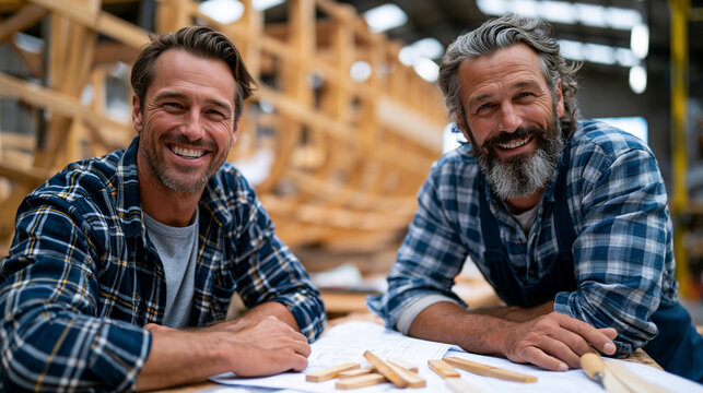 Professional stock photo of two male boat builders reviewing hull construction plans beside wooden boat frame in traditional boatbuilding workshop, technical drawings and wood samp