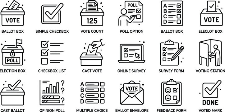 Black line vector icon set of voting and elections featuring ballot boxes online survey forms opinion polls and democratic choice symbols