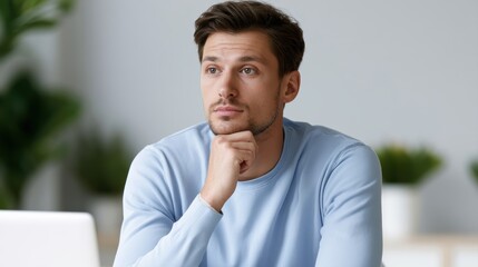 Fototapeta premium young man sitting thoughtfully at desk with laptop and plants, modern workspace portrait