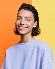 Fototapeta premium Young woman smiling on colorful modern background, cheerful social media portrait