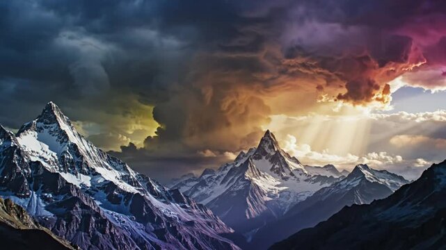 Epic mountain landscape with snow-capped peaks under dramatic storm clouds and a radiant sky, sunlight rays