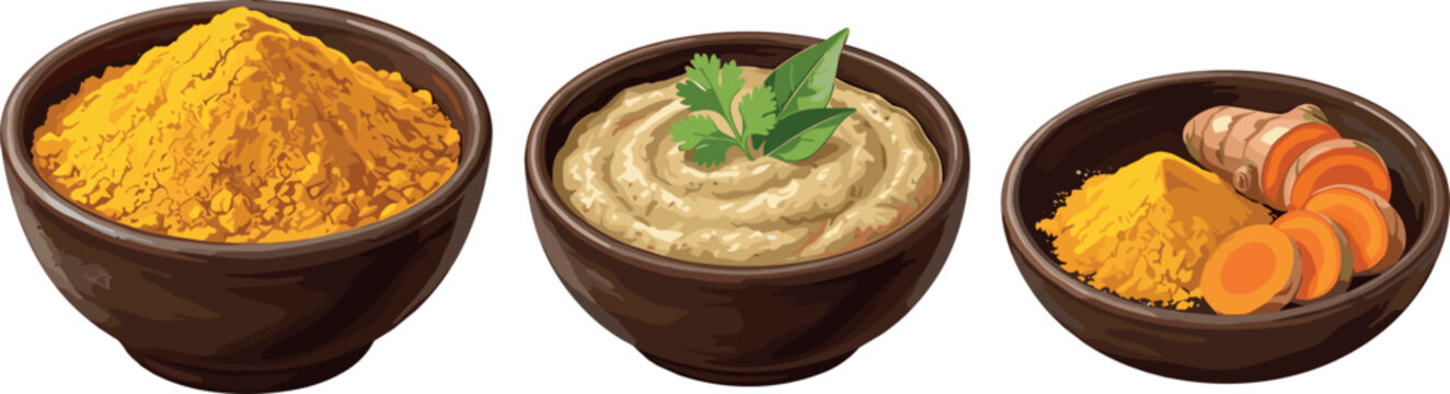 Aromatic Turmeric Powder and Root Set with Herbal Hummus Dip Bowl for Healthy Cooking, Ayurvedic Medicine, and Organic Ingredient Vector Designs