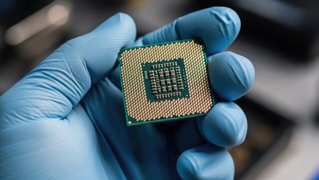 Close up of a hand in a glove holding a computer processor chip