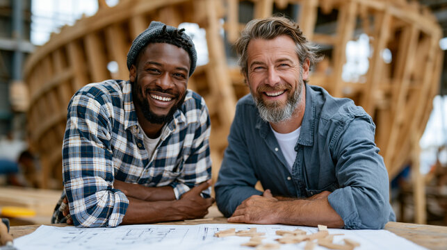 Professional stock photo of two male boat builders reviewing hull construction plans beside wooden boat frame in traditional boatbuilding workshop, technical drawings and wood samp
