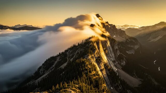 Epic golden hour mountain landscape with dynamic cloud formations and vibrant sunlight over the peaks