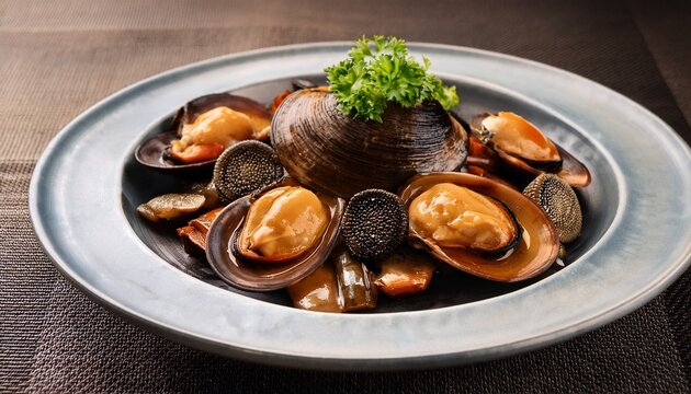 a plate of delicious seafood dish with abalone and sea cucumber