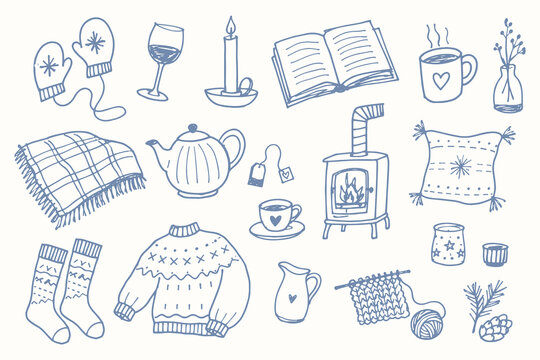 Cozy Winter Home Set Sketch Doodle Vector
