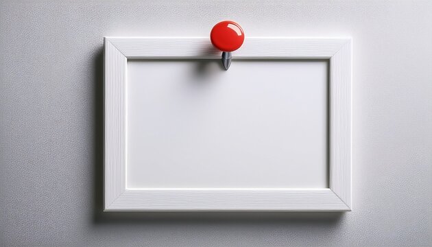 blank white framed card or photo secured to a white wall with a red pushpin
