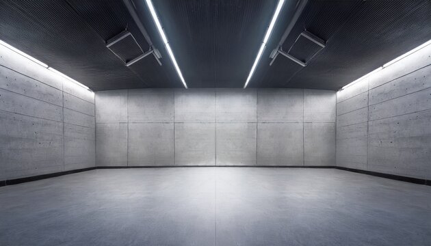 empty concrete room background abstract modern space with grey sloped walls and led light minimalist hall interior concept of white stone architecture texture garage warehouse