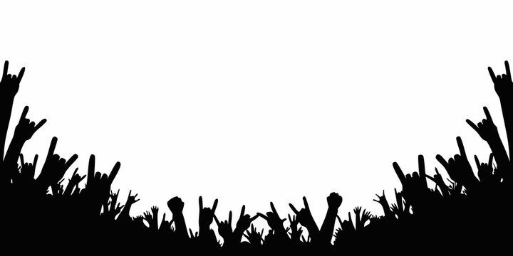 Crowd Silhouette With Horns Gestures Against White Background