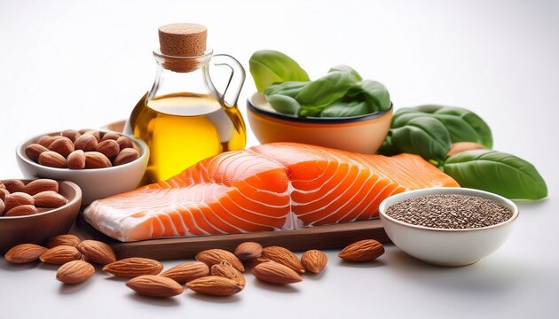 healthy fats still life salmon nuts oil on white heart health omega 3