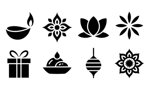 Collection of Traditional Indian Symbols including Diya Lotus and decorative ornaments isolated on transparent background vectors design,fully customized and eddtibel