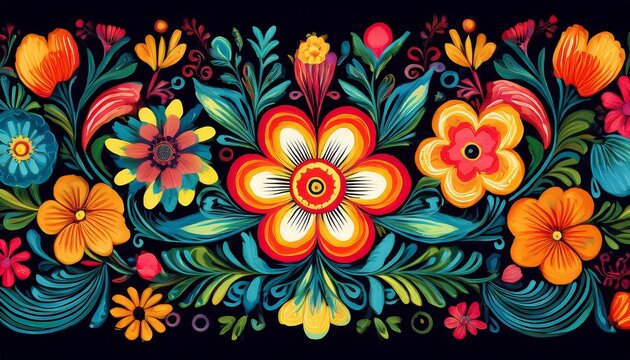 vibrant hand painted floral border on black background mexican folk art floral design pattern mexican folk art floral design pattern