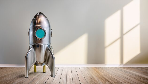 vintage style silver rocket toy in bright room