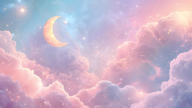 Dreamy Crescent Moon in Pastel Sky with Fluffy Clouds and Stars