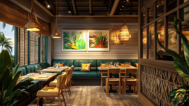 A stylish and inviting restaurant interior with tropical decor, featuring comfortable booth seating, wooden tables, and hanging lamps