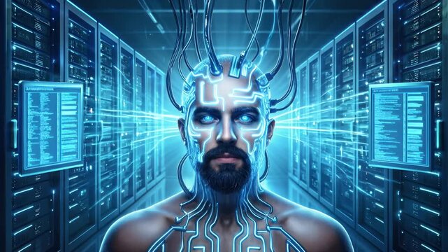 Bearded man integrated with neural network in server room. Cybernetic human with glowing blue circuitry and wires connected to head in data center. Lockdown medium shot.