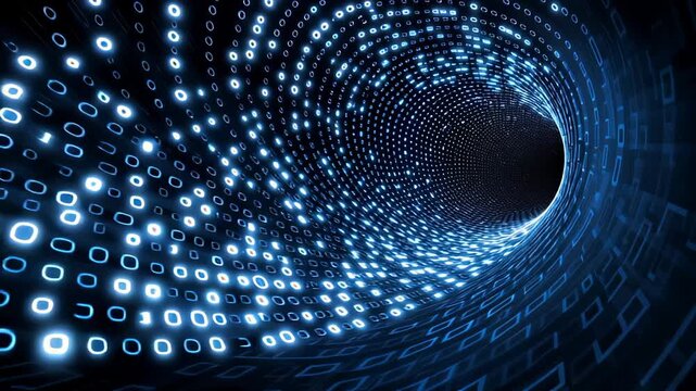 Flow of glowing binary code spiraling through a digital tunnel. Futuristic design with deep blue tones and dynamic light effects. Concept of technology, data processing, digital marketing