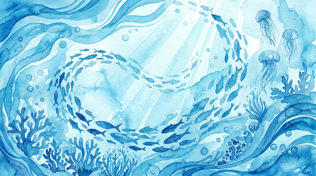 Abstract watercolor ocean background with flowing blue waves, fish silhouettes and soft sun rays underwater. Minimal marine themed backdrop for presentations, banners and creative layouts.