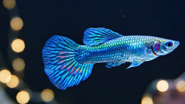 Fish swims gracefully in clear blue water surrounded by decorative lights. Bright colors shine in the water, offering vibrant visuals. Concept of aquariums, home decor, fish care