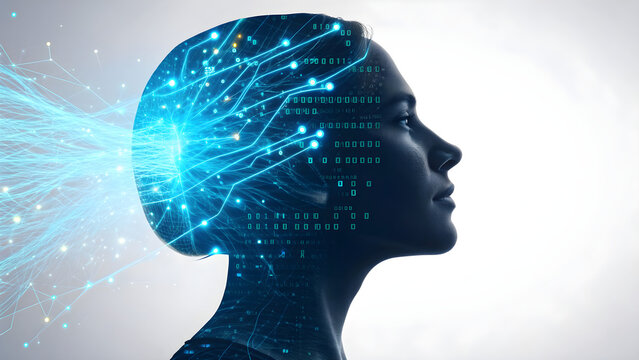 A woman ' s head with a circuit in the background