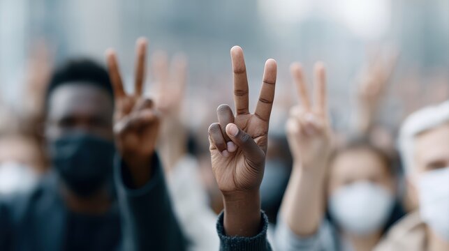Diverse activists holding peace signs during peaceful street protest, hopeful atmosphere, urban background, documentary photography style