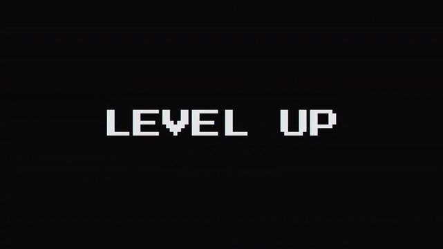 Retro Pixelated Level Up Text with Dynamic Digital Glitch Effects and CRT Scanlines