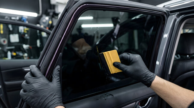 Professional Car Detailing Specialist Applying Dark Window Tinting Protective Film on Vehicle Glass Door Using Yellow Squeegee Tool in Modern Garage Workshop for UV Protection and Privacy