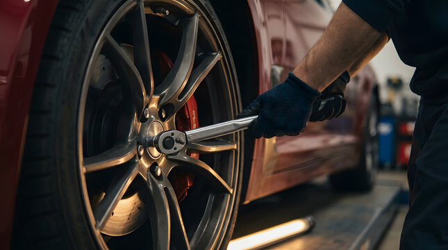 Close-up of a professional auto mechanic in gloves using a torque wrench to tighten lug nuts on a luxury red sports car wheel in a modern garage service center with cinematic professional lighting.