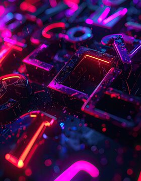 Neon letters and abstract shapes create a vibrant, futuristic backdrop.
