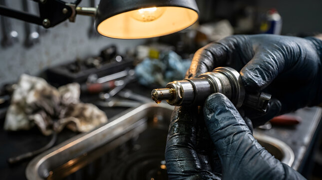 Close-up of a professional mechanic in black nitrile gloves inspecting a diesel fuel injector nozzle under a warm workbench lamp in a dimly lit automotive repair shop garage environment.