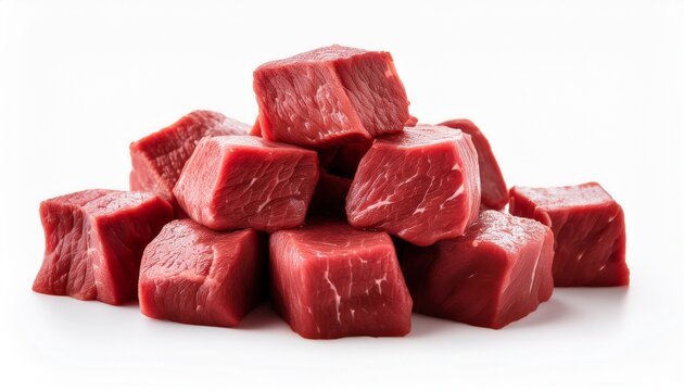 pile of beef cubes on white background
