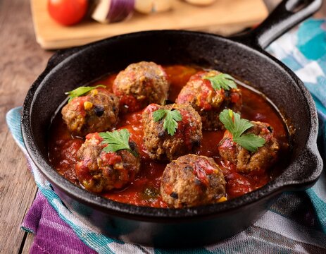slow simmered tex mex meatballs with eggplant and minced meat in spicy sauce served in a traditional cast iron dish
