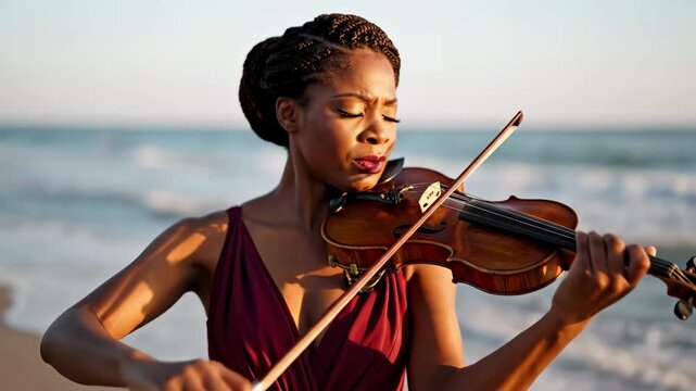 Female violinist plays passionately at beach during sunset. Natural setting captures waves and warm light. Concept of music performance, art, entertainment