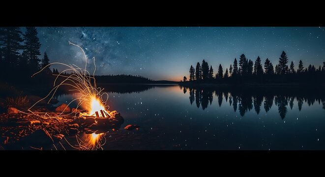 Campfire burning at night by serene lake with trees.